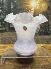 Fenton Iridized Purple Violet Overlay Swirled Ripple Glass Vase SIGNED F155