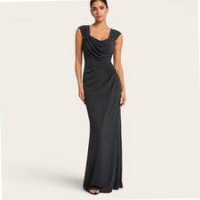 Tadashi Shoji Black Formal Dress Sz 14 Draped Crepe Gown Cap Sleeve Column Long