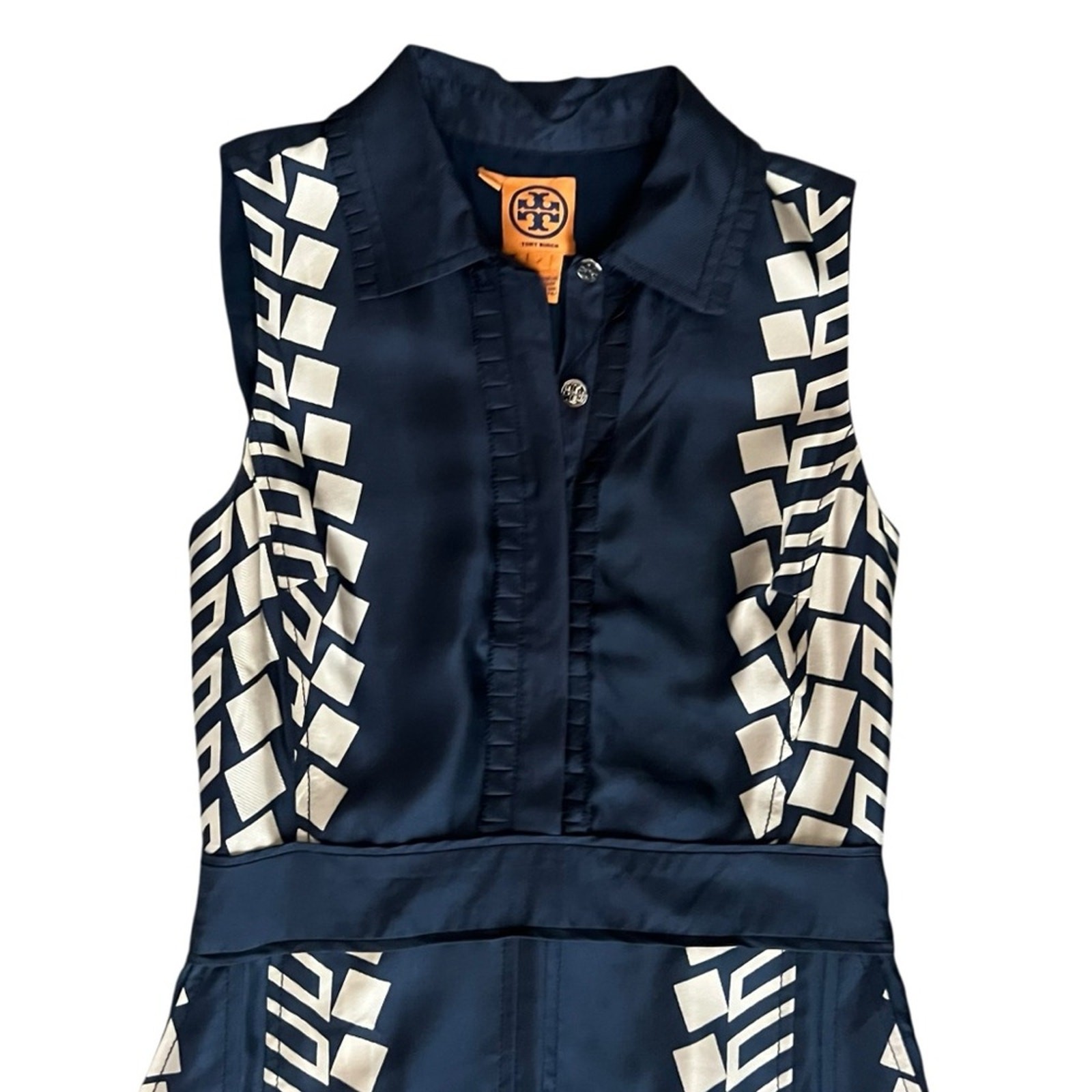 Tory Burch Women’s Navy Geometric Print Sleeveless Pleated Silk Midi Dress Sz 2 thumbnail 2