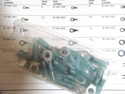 50 ea Raychem B-106-1402 DuraSeal Crimp Ring Terminal #8 Stud Blue New in Bag