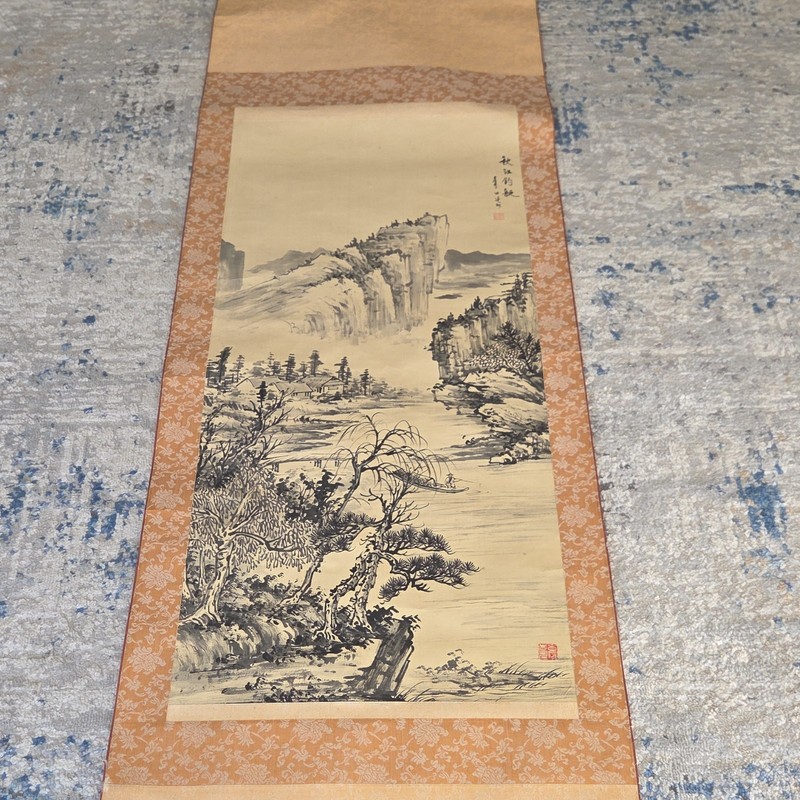 Tanomura Japanese Landscape Scroll Painting with Calligraphy and Artist Seal