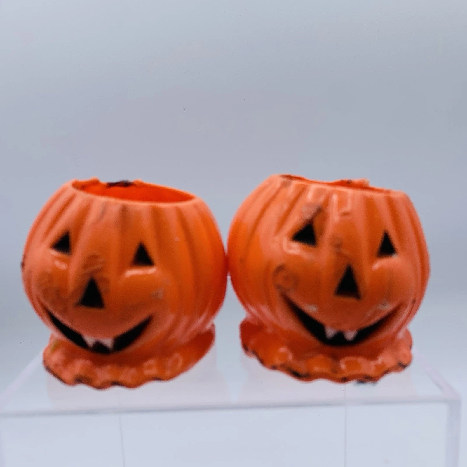 2 VTG Rosbro Halloween Pumpkin Candy Container Holder Jack O Lantern Damaged