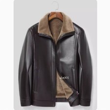 Genuine Leather Jacket Mens Short Stand Up Collar Leather Warm Zip Winter Jacket