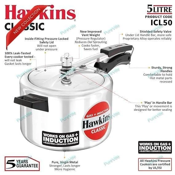 Hawkins Aluminium 5 Litre Classic Pressure Cooker, Induction Inner Lid Cooke Sil