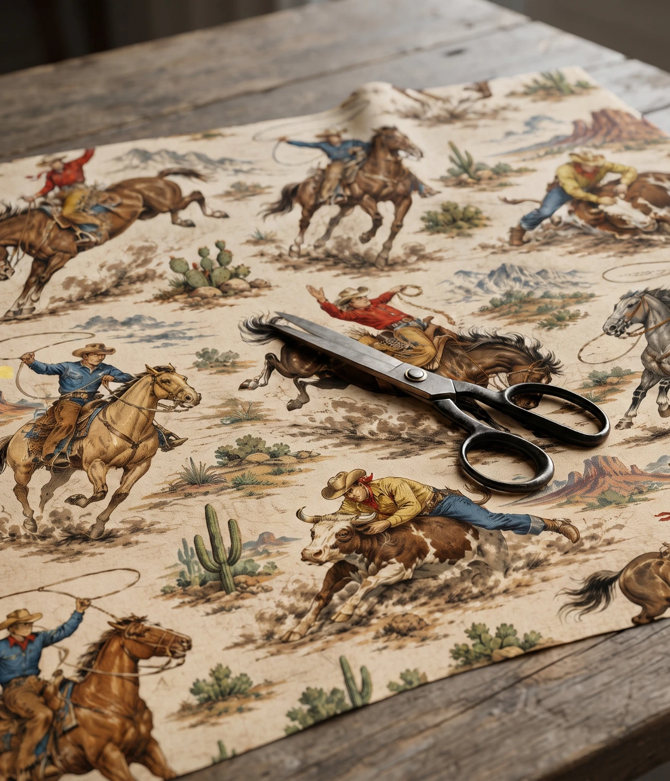 Western Cowboy Retro Printed Cotton Fabric By The Yard - product detail image 2