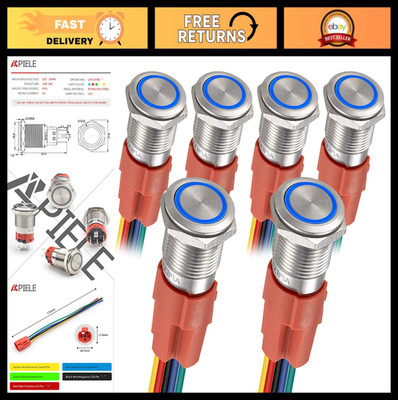16mm Push Button Switch 12V-24V DC LED SPDT 1NO 1NC Stainless Steel 6PCS
