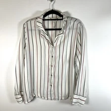 Cozy Earth Pajama Top Women Large Soft Woven White Stripe Lounge Shirt Long Slv