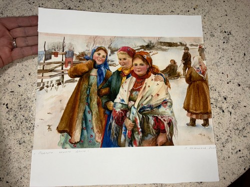 PETR NEMCHINOV 2008  vtg original Russian watercolor painting Neighborhood girls - Afbeelding 2 van 9