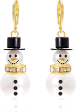 Christmas Snowman Earrings Crystal Snowflake Pearl Snowman Dangle Drop Earring f