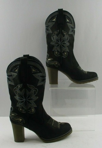 Ladies Roper Black Leather Stacked Heel 