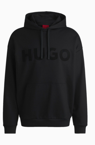 HUGO BOSS Cotton Terry Hoodie with Tonal Logo in Black Oversize Fit - Size M