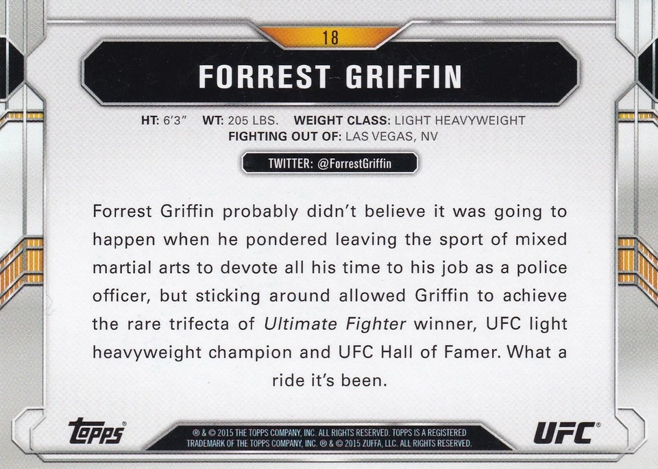 Forrest Griffin Signed 2015 Topps UFC Chronicles Card #18 Autograph 55 76 86 126 - Image 4 of 4