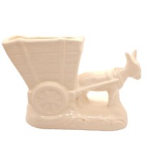 White Pottery Donkey Pulling Cart Planter 5" x 6.5" x 3.25" Vintage 1950's