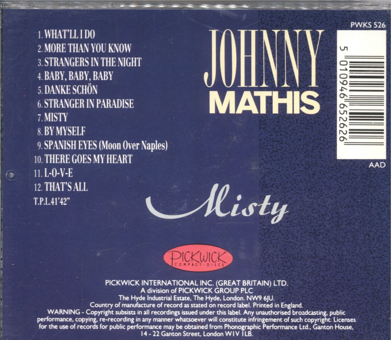 Johnny Mathis Misty. CD 1989 Easy Listening Pop Vocals Album. Pickwick ...