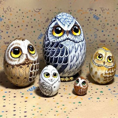 Owl Nesting Egg 4.4''/11cm, Russian Nesting Doll 5pcs, Owl Decor, Xmas Ornament