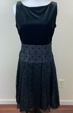 JonesWear Dress Pleated  Black Polka Dot SkirtVelvet Bodice Sleeveless Tie 10