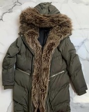 Maniere De Voir Ladies Size 6/8 Khaki Faux Fur Hood Padded Zipped Pockets Coat