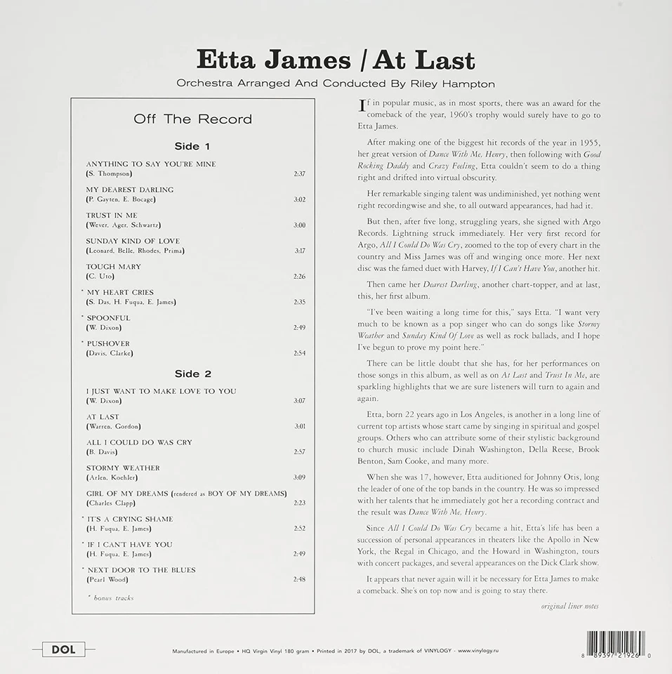 Etta James - At Last 180 Gram Vinyl LP [New & Sealed] - Image 3 of 4