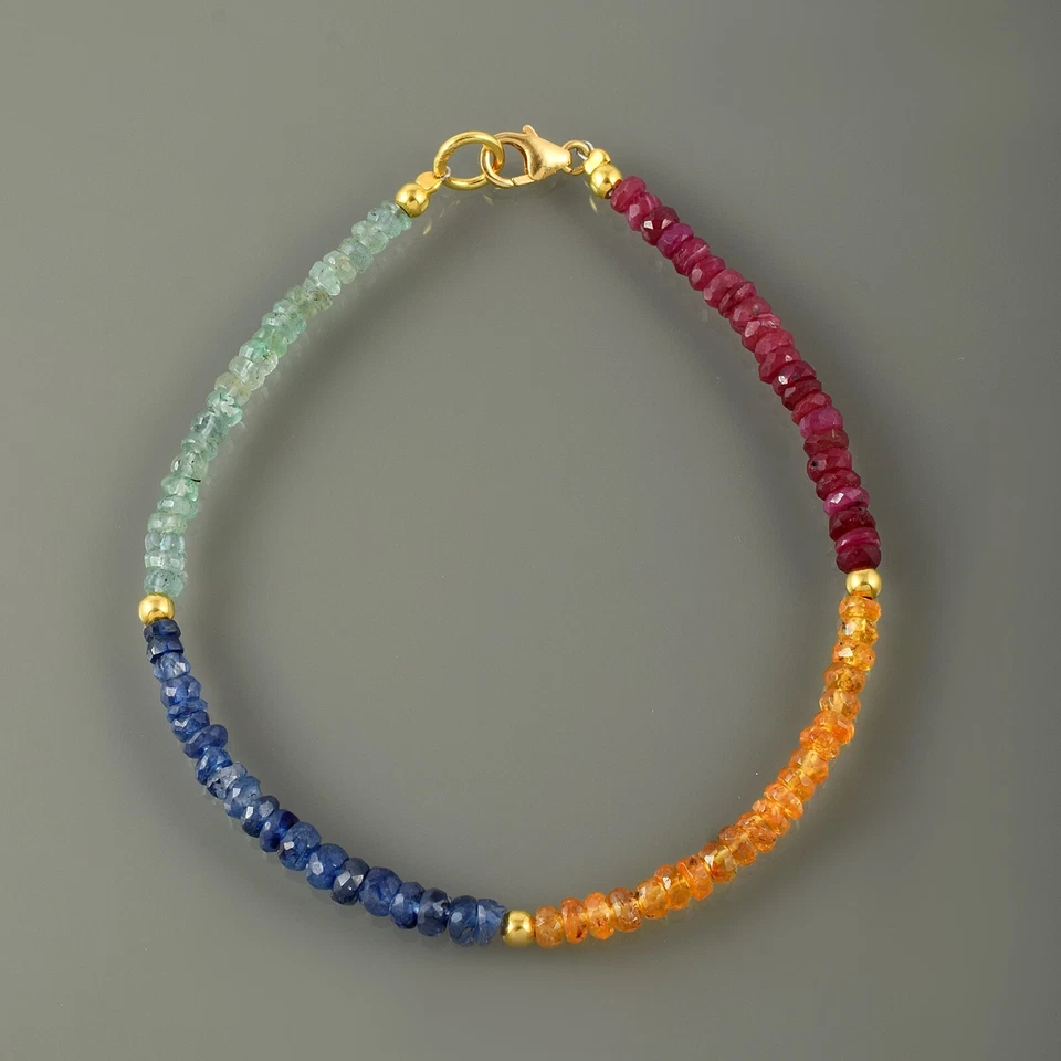 Pulsera hecha a mano con cuentas de 7,8" de piedras preciosas multicolores de zafiro natural y zafiro azul Foto 2 de 4