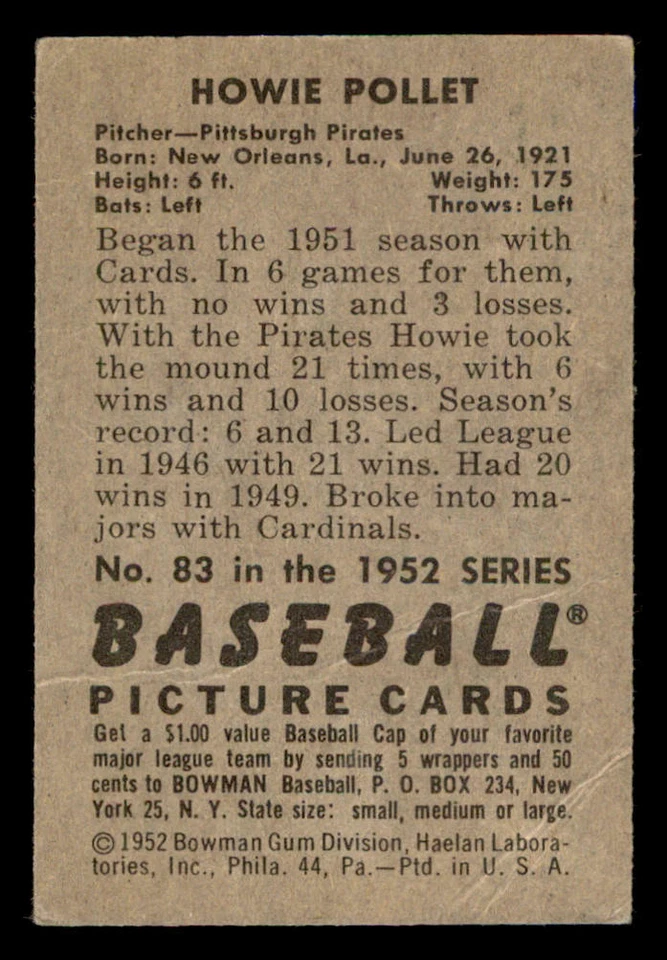 1952 Bowman #83 Howie Pollet - Image 2 of 2