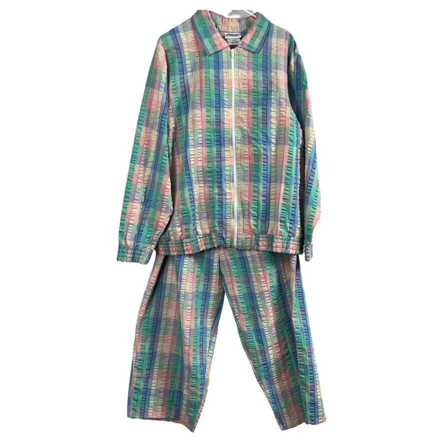 Pastel Madras Plaid Piece Track Suit Women 2X Monochrome Baggy