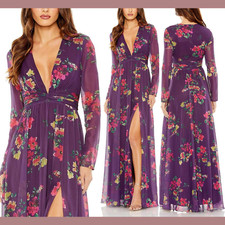NWT $498 Mac Duggal [ 14 ] Long Sleeve Ruched Deep V Neckline Gown #Q761