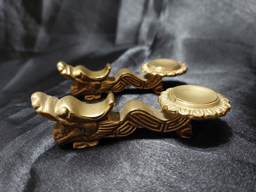 VINTAGE PAIR OF CHINESE DRAGON SOLID BRASS CHOPSTICK / SPOON HOLDER 4" LONG #1