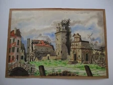 ZANE 1940'S PAINTING WW2 ARCHITECTURAL RUINS REGIONALISM  LANDSCAPE ANTIQUE OLD