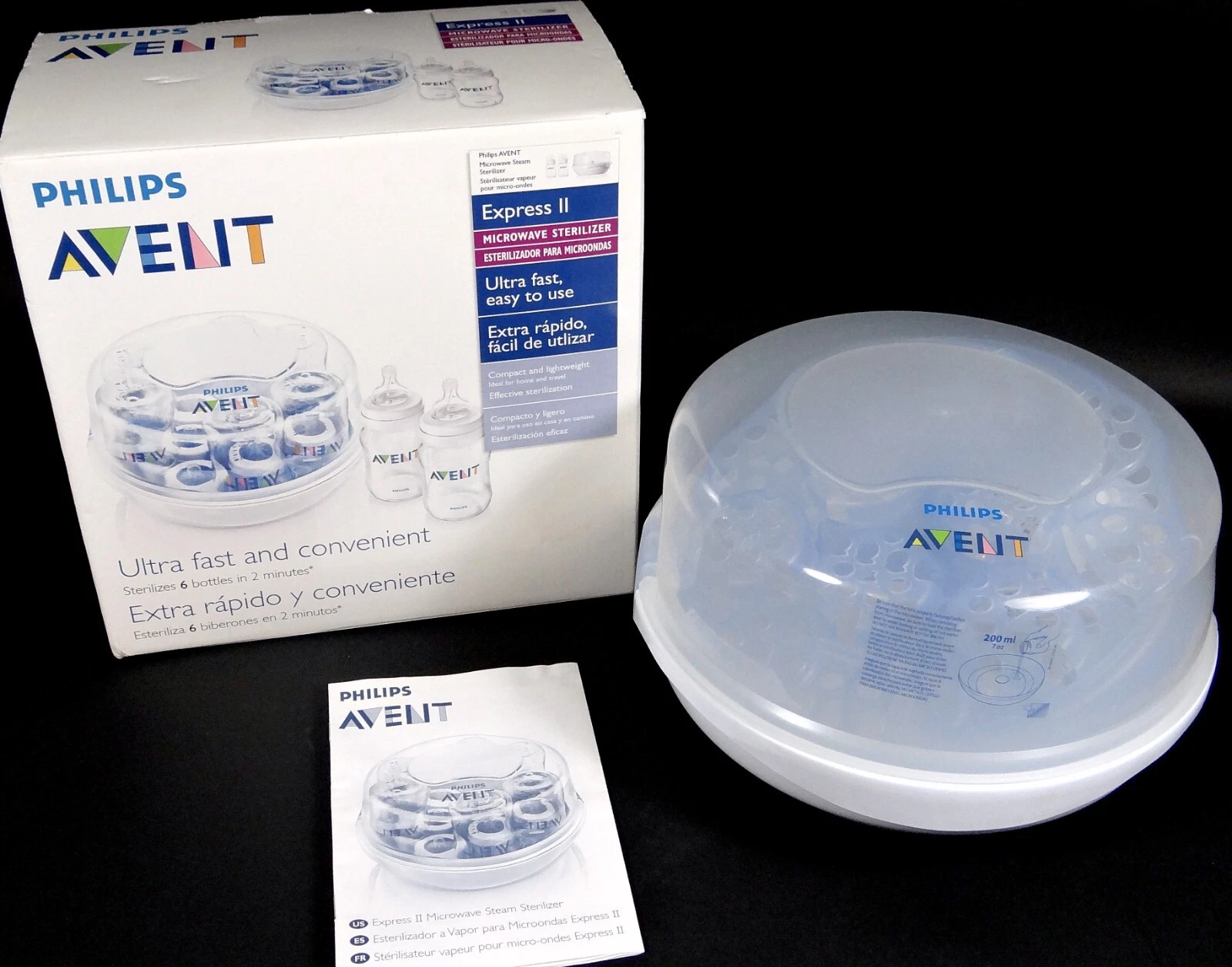 Avent 2 Baby Bottles 9 oz Microwave Sterilizer Holds 6 Express II Travel Case