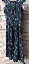 VTG 50s Black Print Pinup Dress Sz S Rockabilly Handmade 36"B 25"W 46"L FLAWS