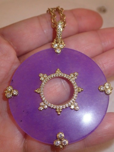 Judith Ripka heavy 18k YG 0.42ct diamond Lavender gemstone circle Pendant 13.3g - Picture 3 of 8