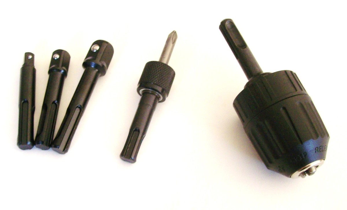 5pc SDS PLUS DRILL CONVERSION BITS POWER EXTENSIONS QUICK CHANGE KEYLESS  CHUCK