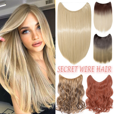 US Hidden Wire Hair Extension Wavy Long Invisible Hairpiece Adjustable Headband