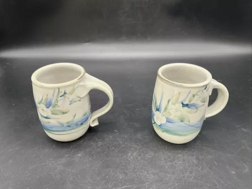 Pair of Signed Studio Art Pottery Floral Coffee Mugs
