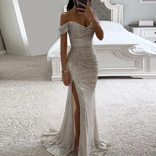 Neue Party Pailletten trägerlose Schlitz Fischschwanz Kleid sexy Ballkleider