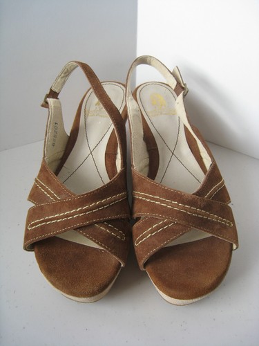 Hush Puppies Rockabilly Platform Wedge Sandals Sz 8.5 Suede Leather Brown Beige - Picture 5 of 14