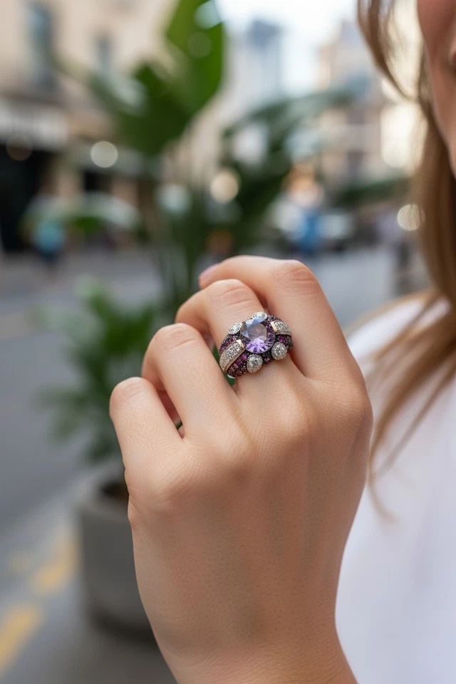 Anillo de diamantes y amatista púrpura natural cúpula de oro blanco de 14 K talla 8 precio de venta sugerido por el fabricante $2,300 Foto 2 de 4