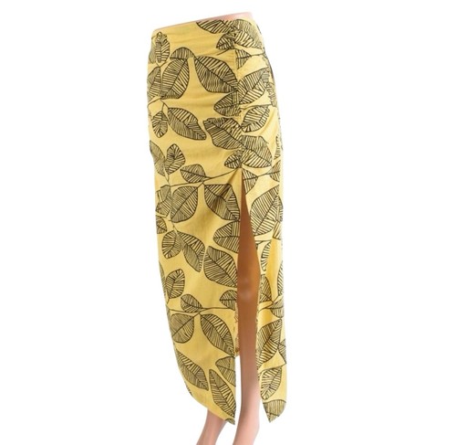 Zara Yellow Leaf Print Slit Midi Skirt High Waist Linen Blend M - Picture 3 of 11