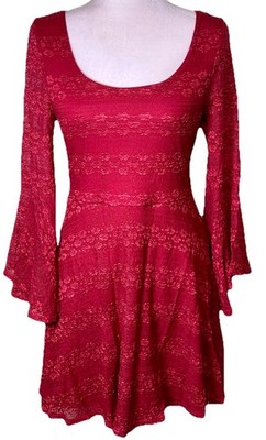 Women s Red Lace Knit Dress Flared Bell Sleeves Scoop Neck Skater Coquette Med