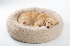 SAVFOX 36 inches Calming Donut Dog Bed - 3X Durable Plush Faux Fur, Beige