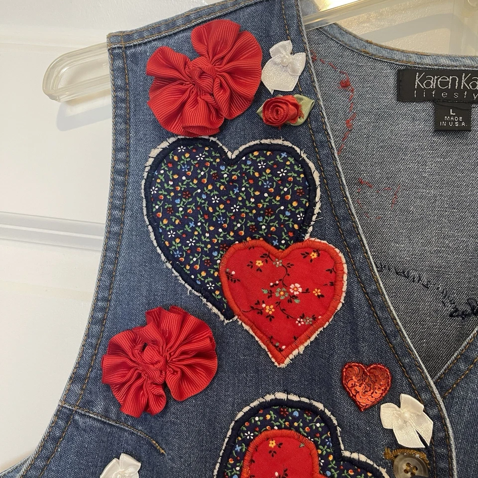 Chaleco Recortado Karen Kane Denim Parcheado Vintage Adornado a Mano Grande EE. UU. Foto 3 de 4