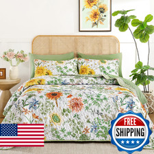 Yiran Floral King Quilt Bedding Set Sage Green Sunflower 3 Piece Summer Lightwei