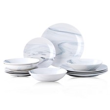12-Piece Round Kitchen Dinnerware Set, Plates, Bowls, Service for 4, Blue and...