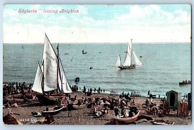 1907 Rottingdean England Postcard Skylarks Leaving Brighton Sailboat Beach Boat