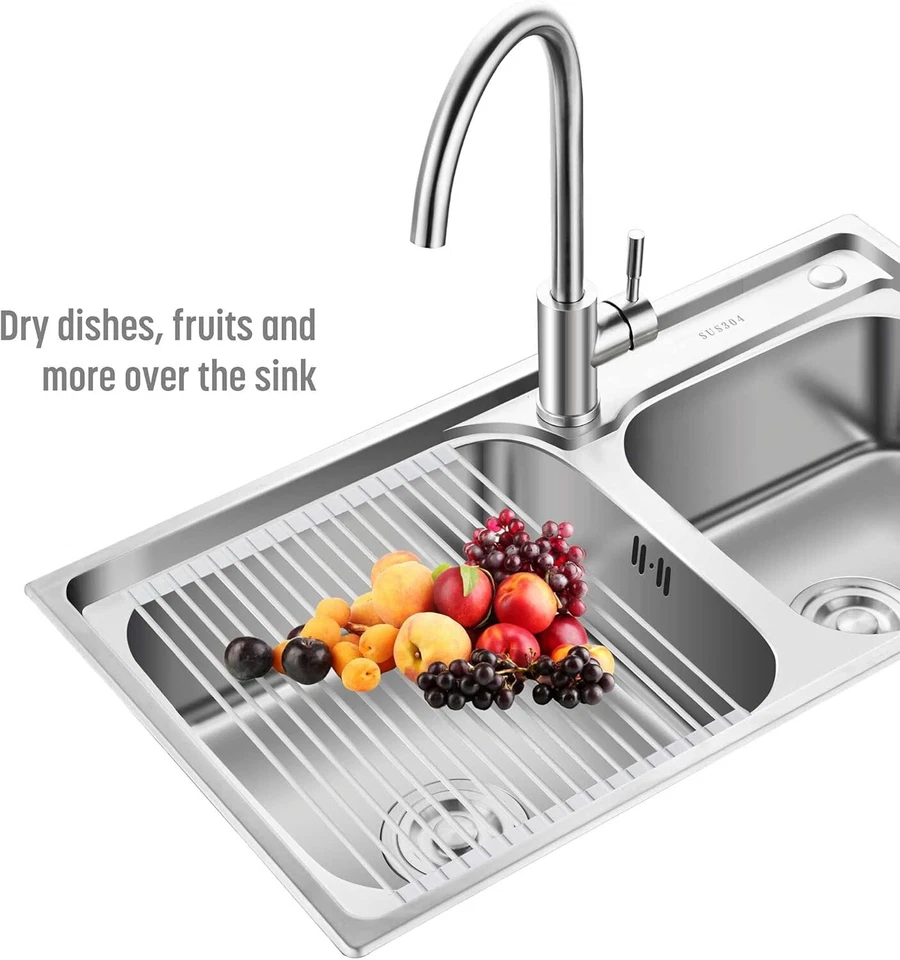 Dish Drying Mat Foldable Stainless Steel Over The Sink Roll Up Rack 20.5" x 13" - Image 4 of 4