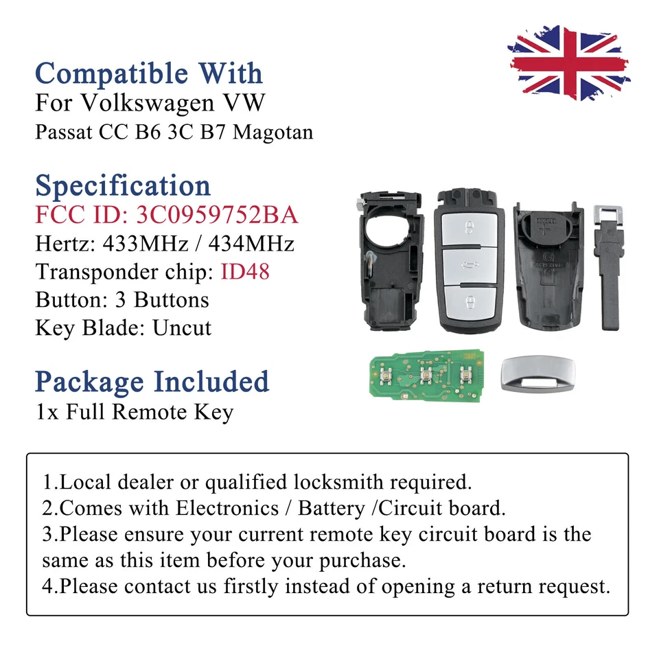3Button Remote Key Fob 434 ID48 Chip For VW Passat CC B6 3C B7 Magotan 2006-2011 - Image 2 of 4