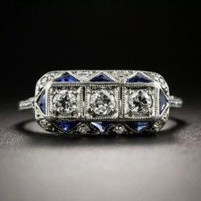 0.30Ct White Round Cut Three Stone Art Deco Style Wedding Ring Solid 925 Silver