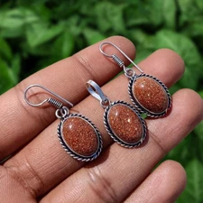 Best Buy Sunstone Gemstone Pendant Earring Set 925 Silver Plated Ethnic Jewelry