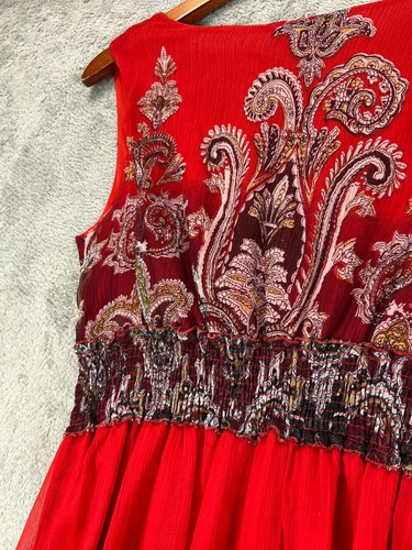 VTG Signature JMP Womens Large Maxi Dress Red Paisley Chiffon Boho V Sleeveless - Picture 12 of 13