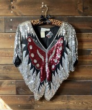 VINTAGE Disco Red Silver Sequin Silk Butterfly Shirt Top Womans Sz XS-S-M